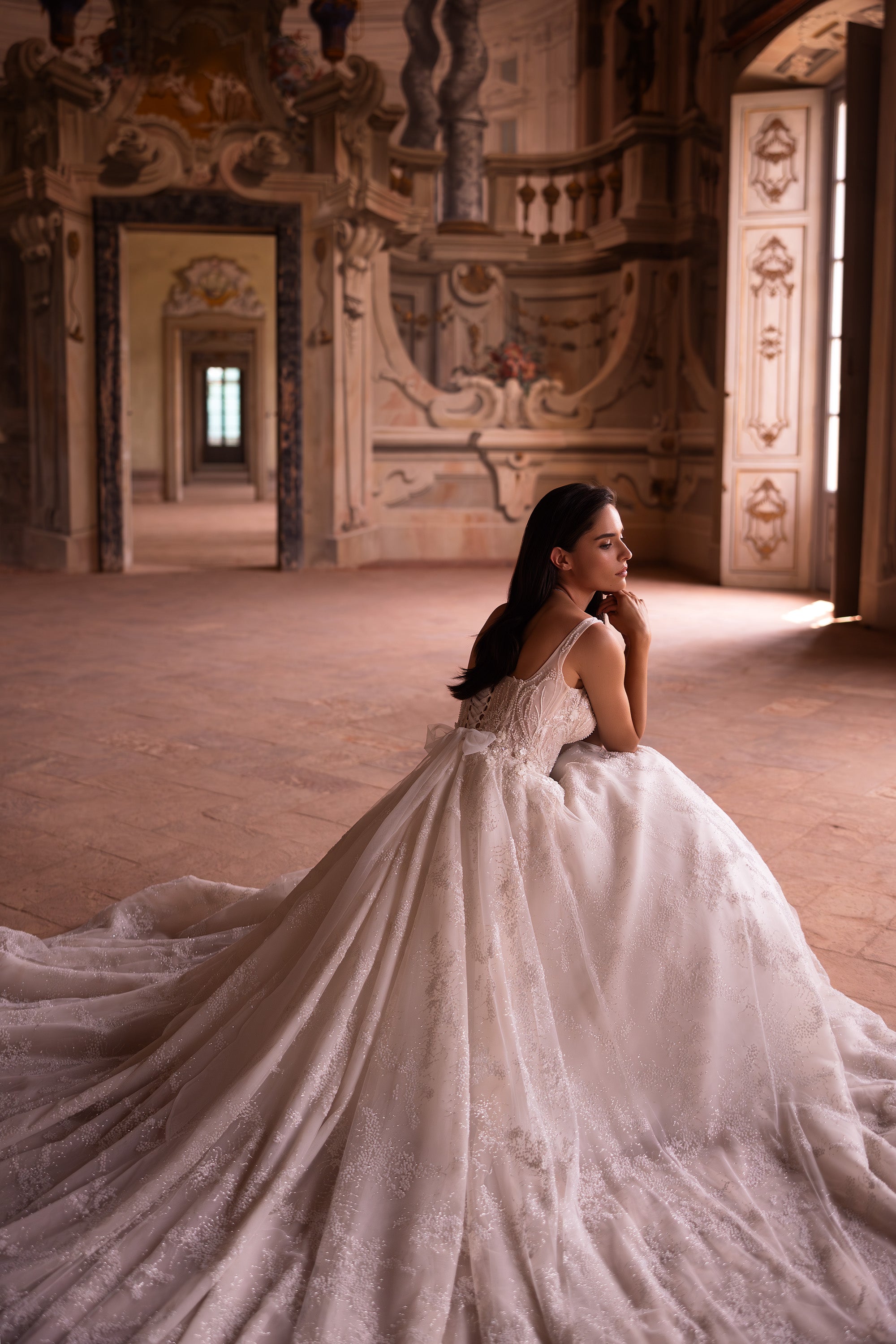 A-Line Sweetheart Bridal Dress with Lacing Back, Cathedral Train and Belt at the Back