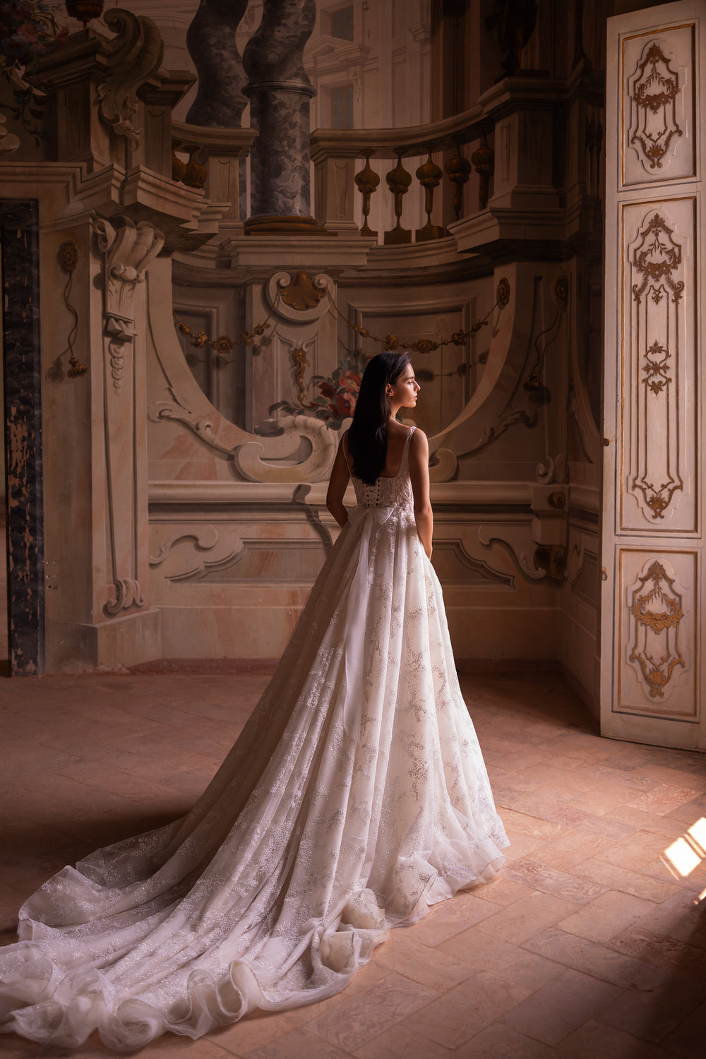 A-Line Sweetheart Bridal Dress with Lacing Back, Cathedral Train and Belt at the Back