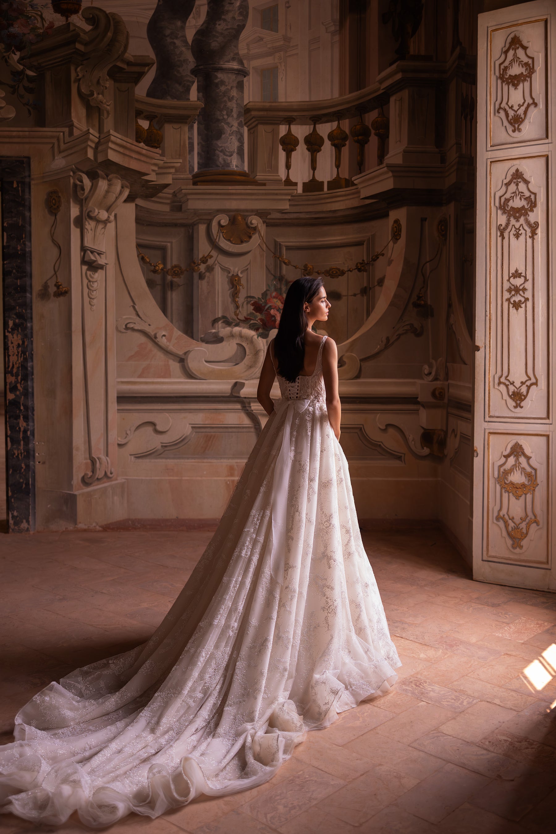 A-Line Sweetheart Bridal Dress with Lacing Back, Cathedral Train and Belt at the Back