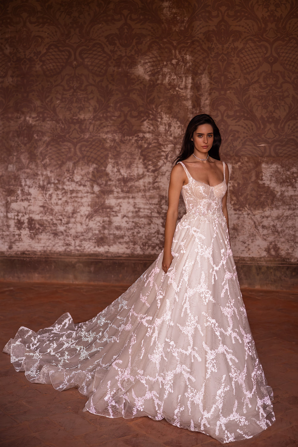 A-Line Sweetheart Bridal Dress with Lacing Back, Cathedral Train and Belt at the Back
