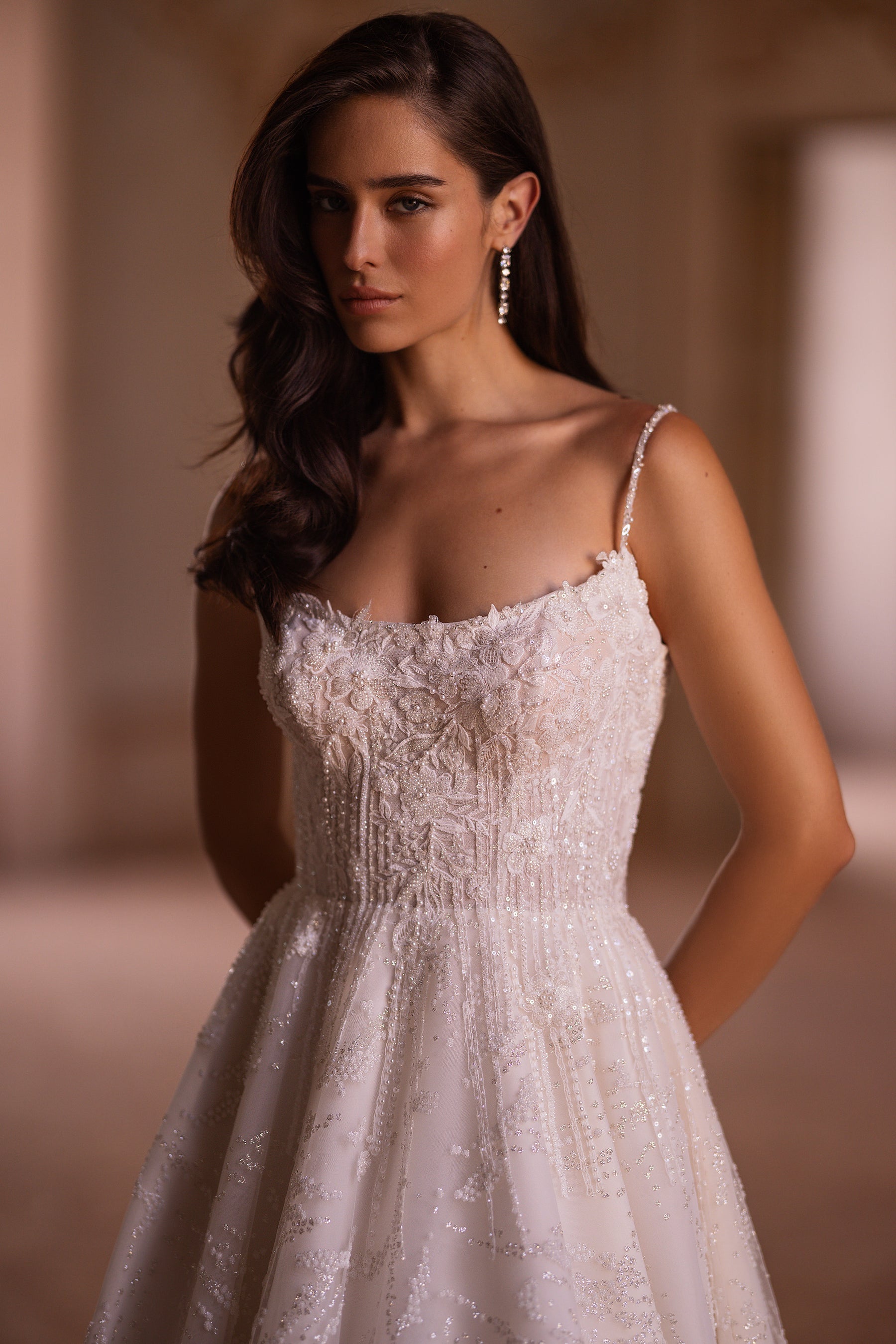 Sparkle A-Line Wedding Gown with Spaghetti Straps and Court Train
