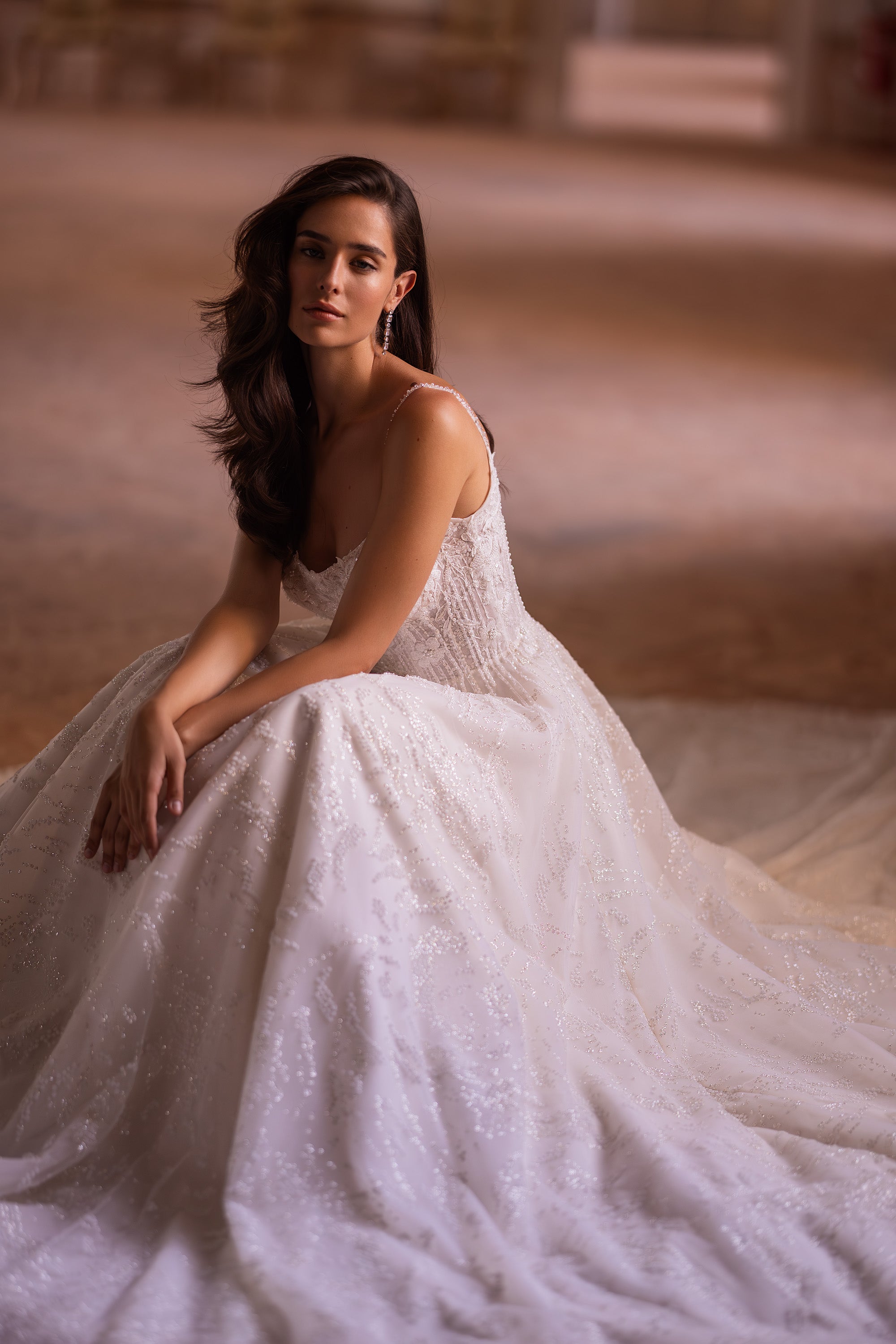 Sparkle A-Line Wedding Gown with Spaghetti Straps and Court Train