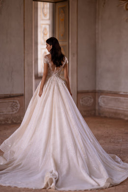 Sparkling Ballgown Wedding Dress with Short Sleeves, Buttons at the Back, and Cathedral Train