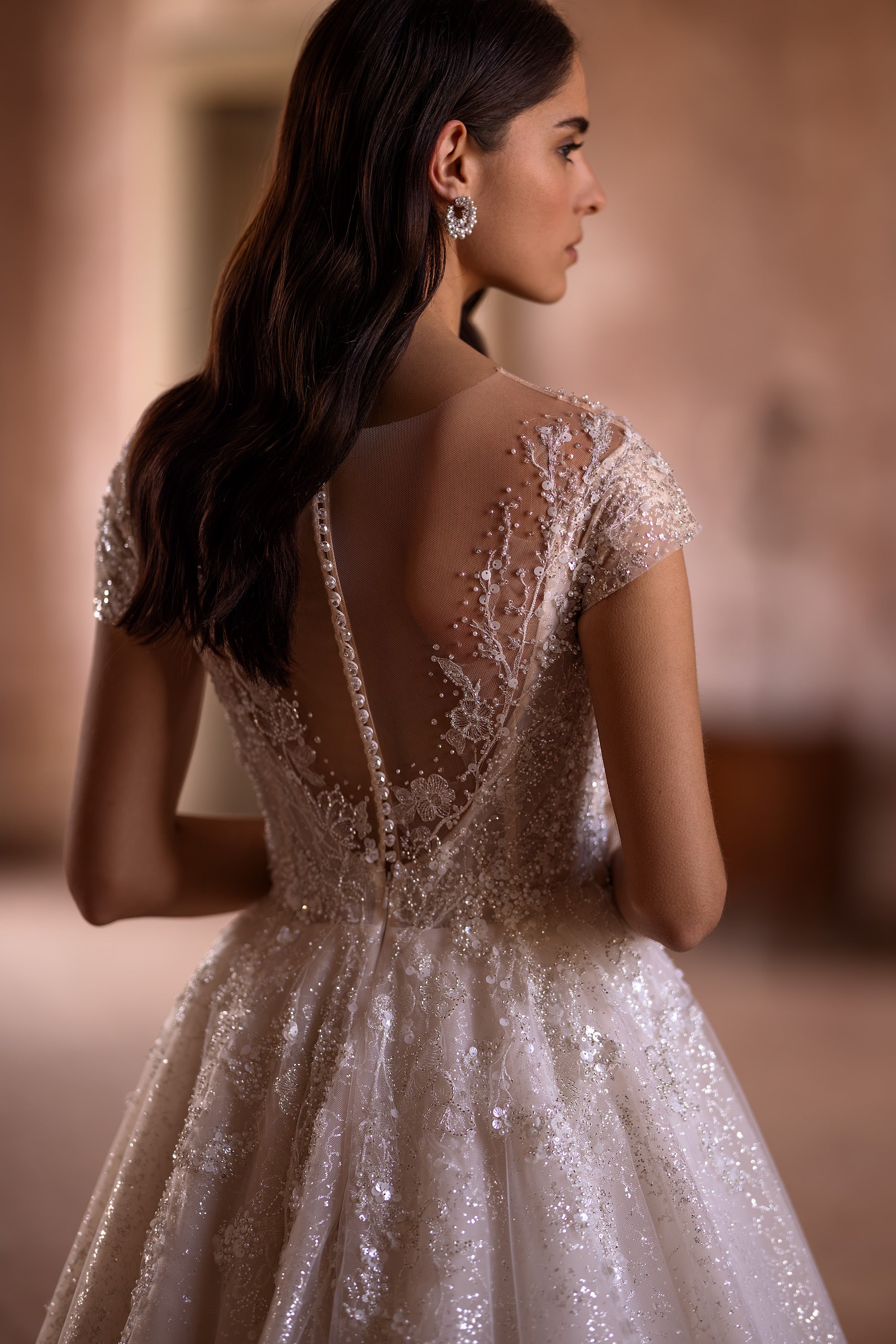 Sparkling Ballgown Wedding Dress with Short Sleeves, Buttons at the Back, and Cathedral Train