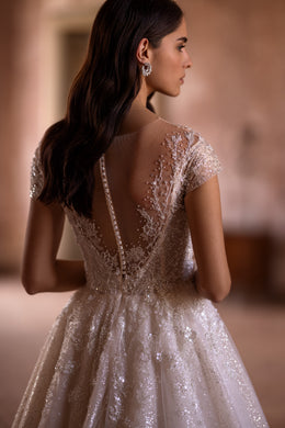 Sparkling Ballgown Wedding Dress with Short Sleeves, Buttons at the Back, and Cathedral Train