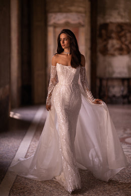 Sheath Bridal Gown Sheath Dress with Long Sleeves, Straight Neck, and Additional Sparkle Skirt