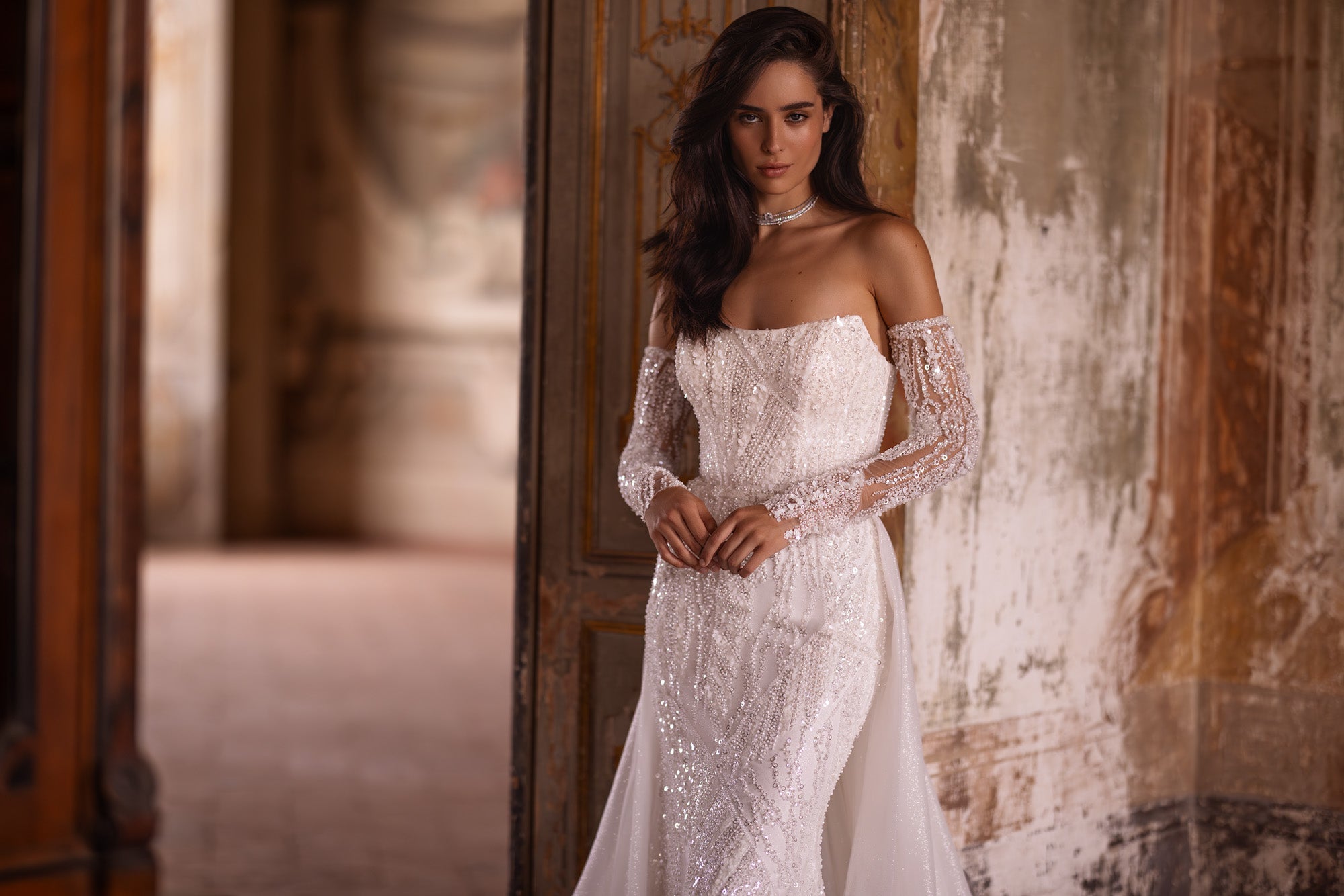 Sheath Bridal Gown Sheath Dress with Long Sleeves, Straight Neck, and Additional Sparkle Skirt