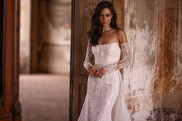 Sheath Bridal Gown Sheath Dress with Long Sleeves, Straight Neck, and Additional Sparkle Skirt