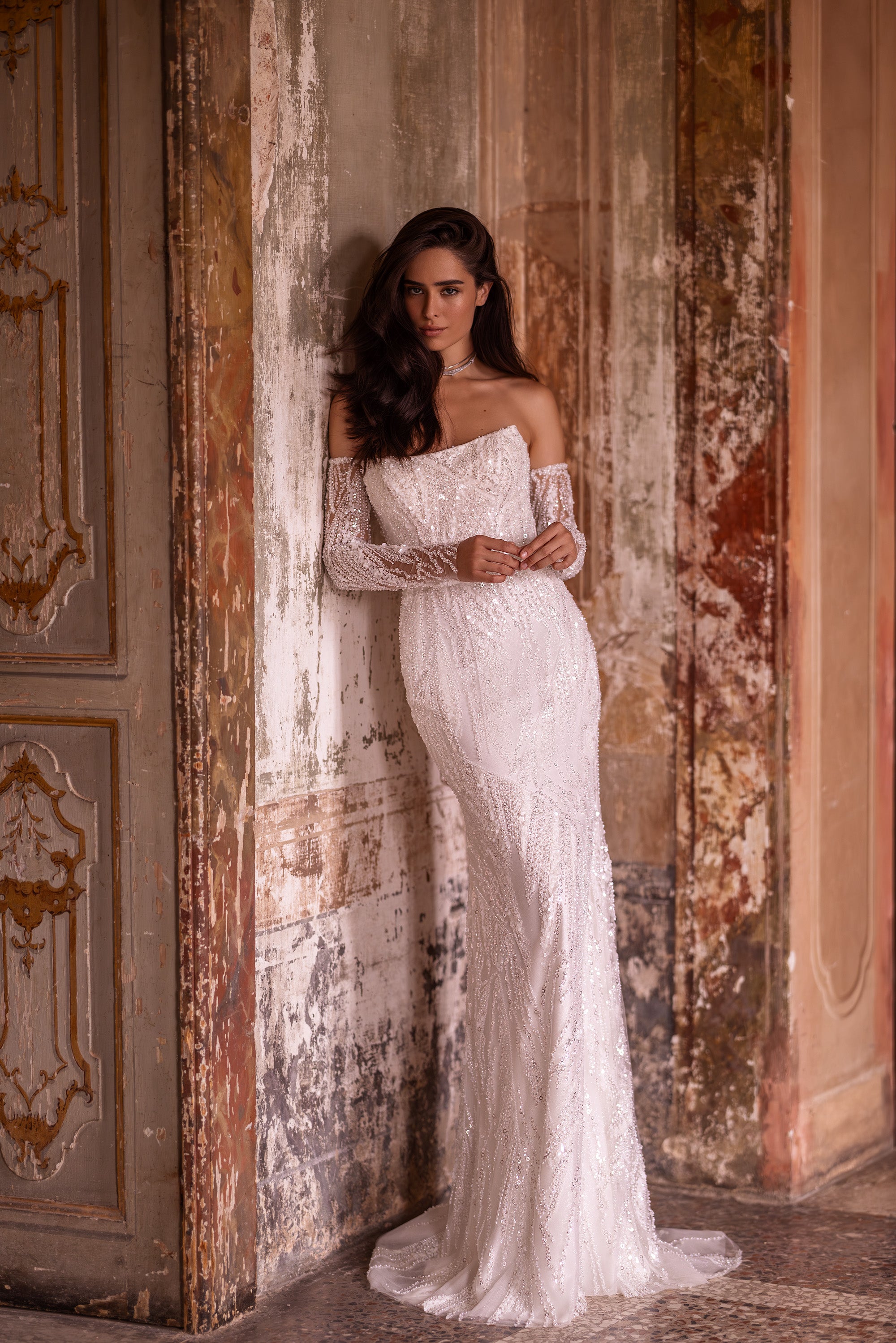 Sheath Bridal Gown Sheath Dress with Long Sleeves, Straight Neck, and Additional Sparkle Skirt