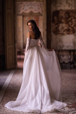 Sheath Bridal Gown Sheath Dress with Long Sleeves, Straight Neck, and Additional Sparkle Skirt