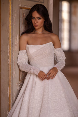 Gorgeous Ballgown Wedding Dress with Straight Neck, Sparkle Fabric, and Detachable Sleeves