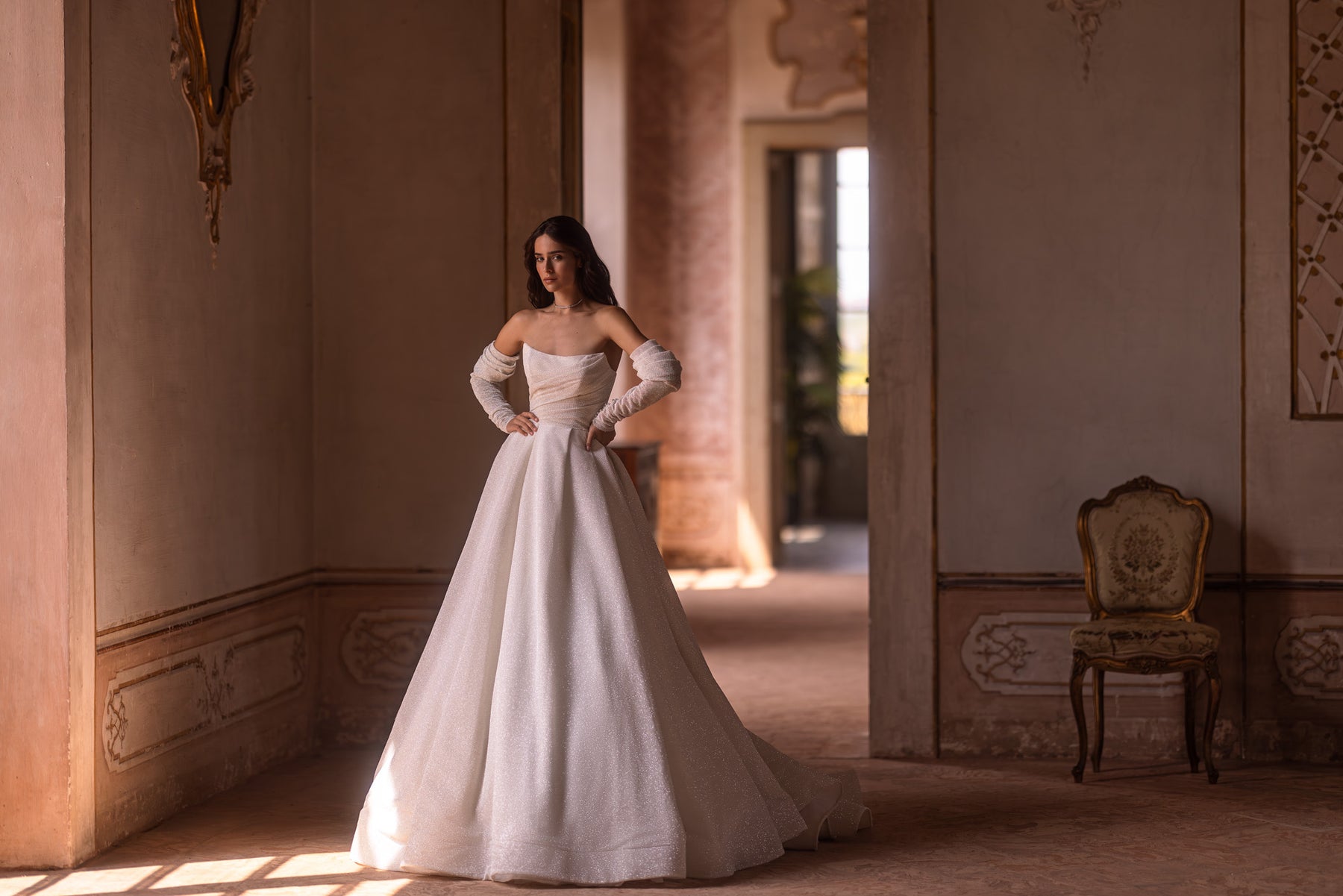 Gorgeous Ballgown Wedding Dress with Straight Neck, Sparkle Fabric, and Detachable Sleeves