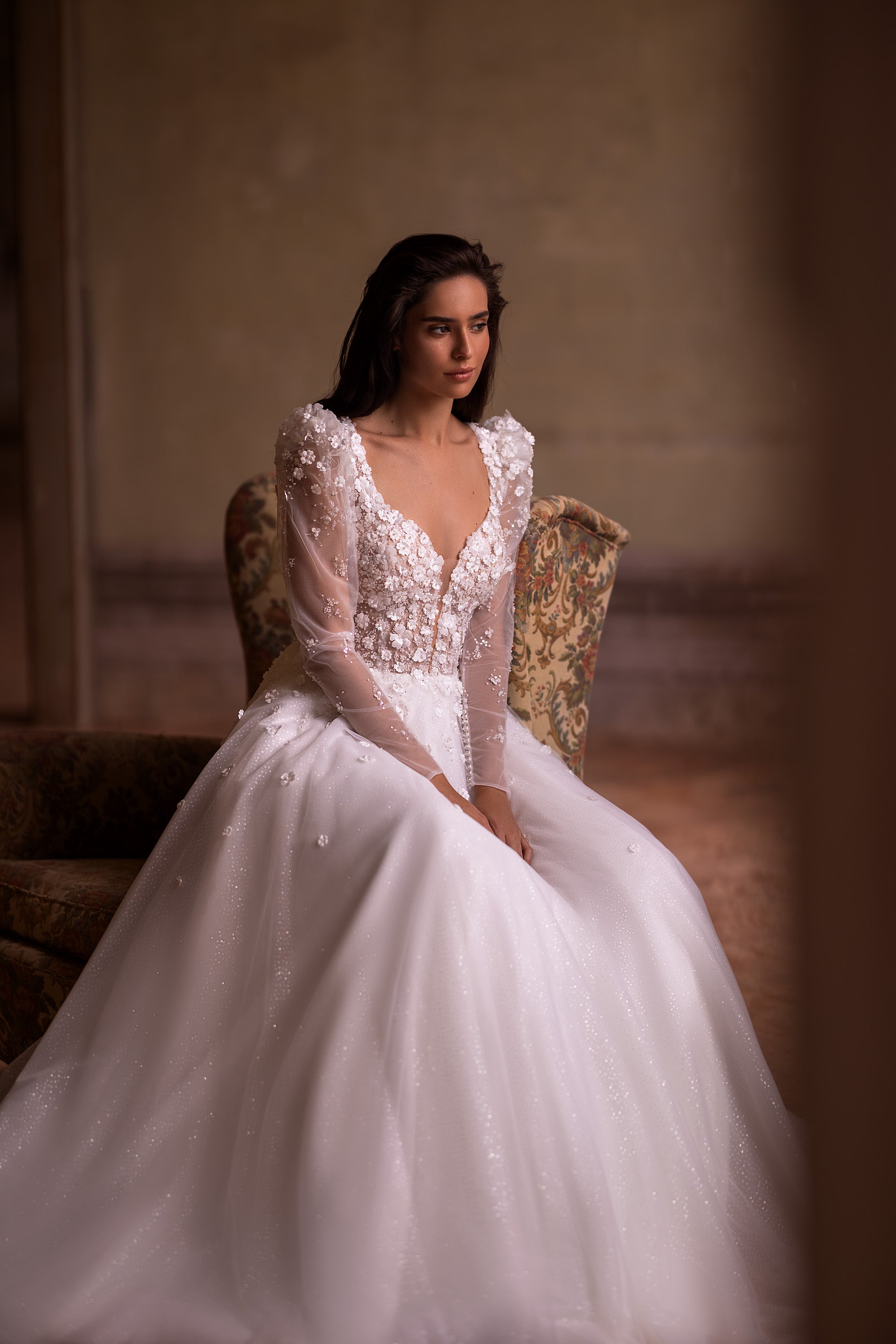 3D Lace Wedding Gown with Deep V-Neck, A-Line Tulle Skirt, and Long Sleeves