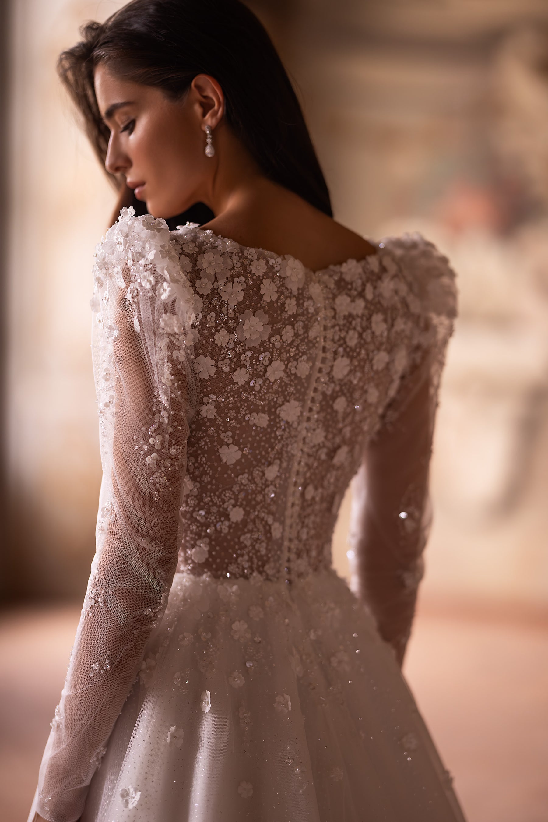 3D Lace Wedding Gown with Deep V-Neck, A-Line Tulle Skirt, and Long Sleeves