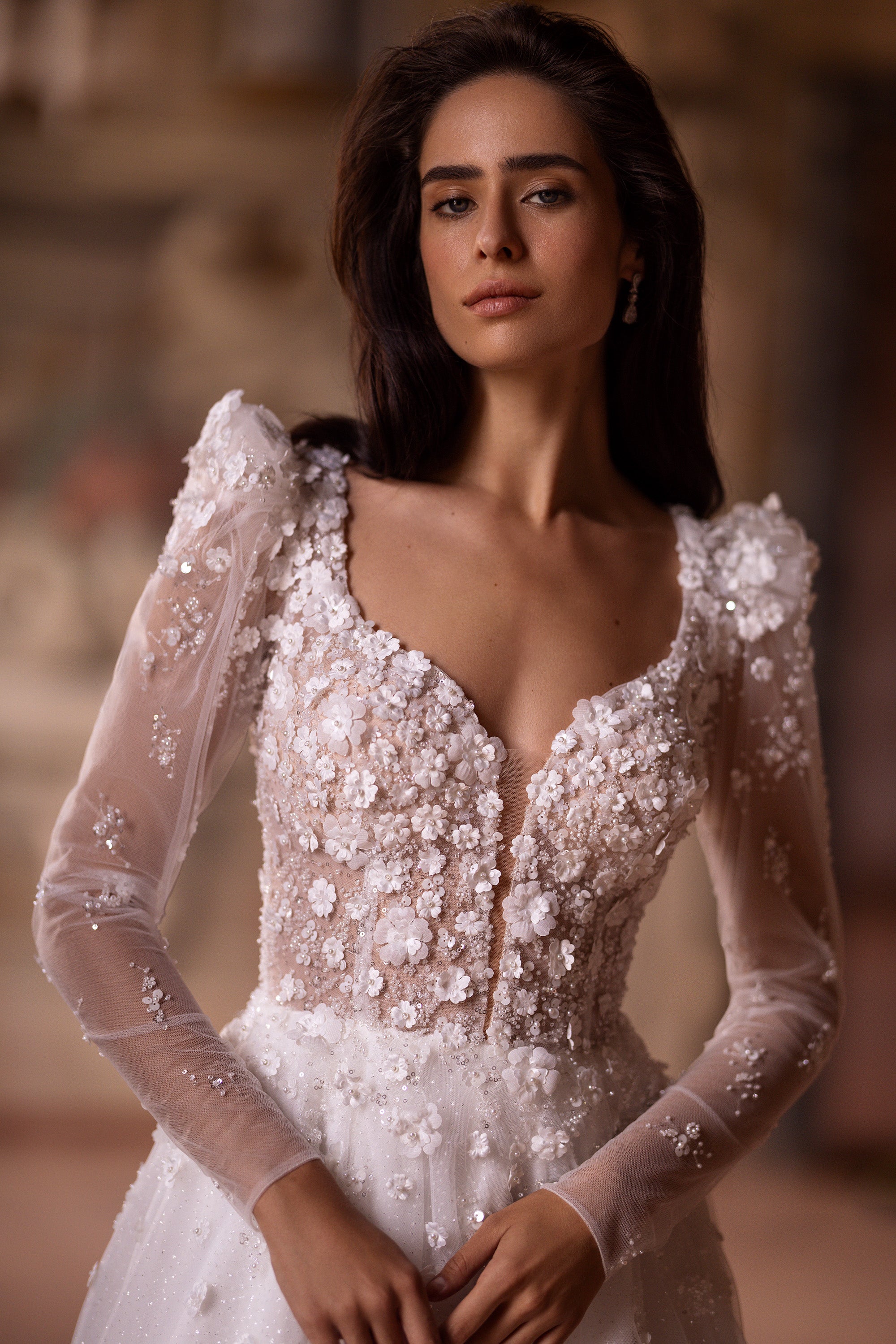 3D Lace Wedding Gown with Deep V-Neck, A-Line Tulle Skirt, and Long Sleeves