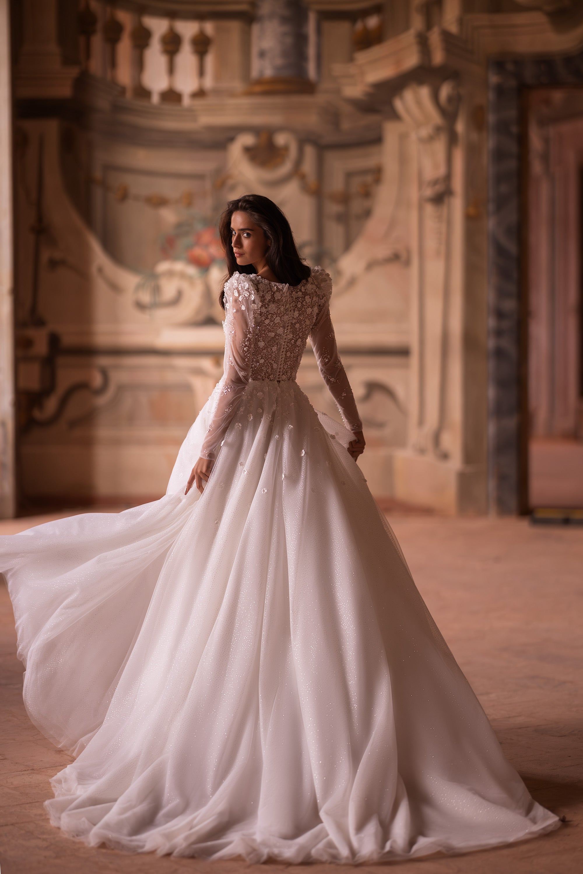 3D Lace Wedding Gown with Deep V-Neck, A-Line Tulle Skirt, and Long Sleeves