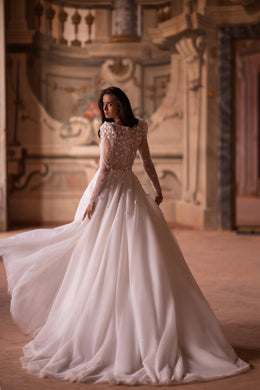3D Lace Wedding Gown with Deep V-Neck, A-Line Tulle Skirt, and Long Sleeves