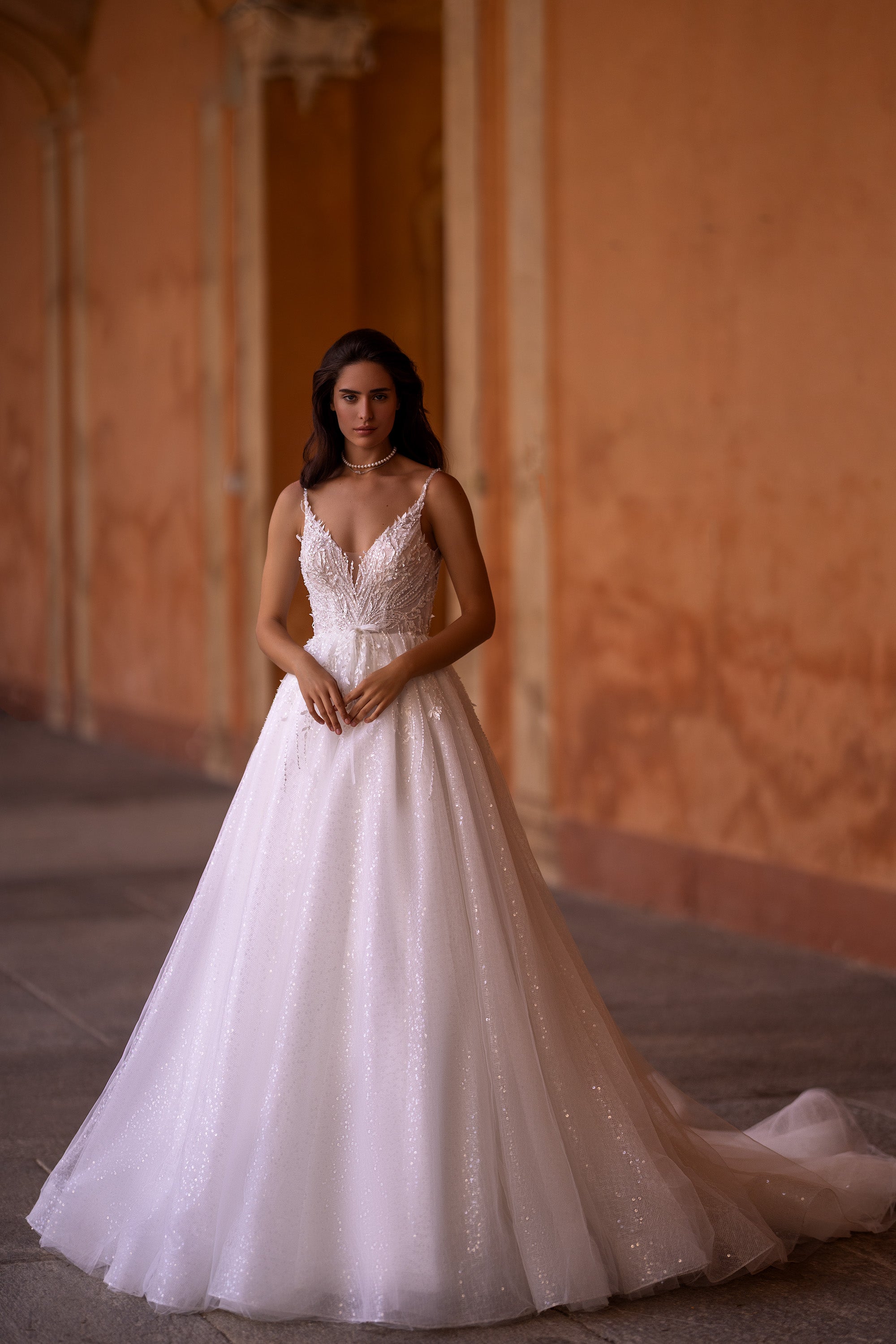 Elegant Spaghetti Strap V-Neck Bridal Dress with Waist Belt and Beaded Open Back