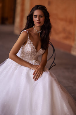 Elegant Spaghetti Strap V-Neck Bridal Dress with Waist Belt and Beaded Open Back