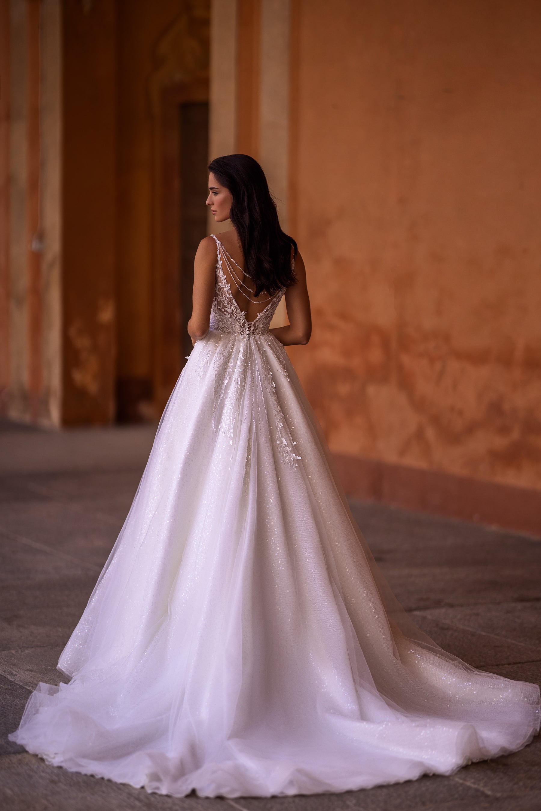 Elegant Spaghetti Strap V-Neck Bridal Dress with Waist Belt and Beaded Open Back