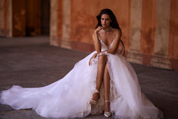 Elegant Spaghetti Strap V-Neck Bridal Dress with Waist Belt and Beaded Open Back