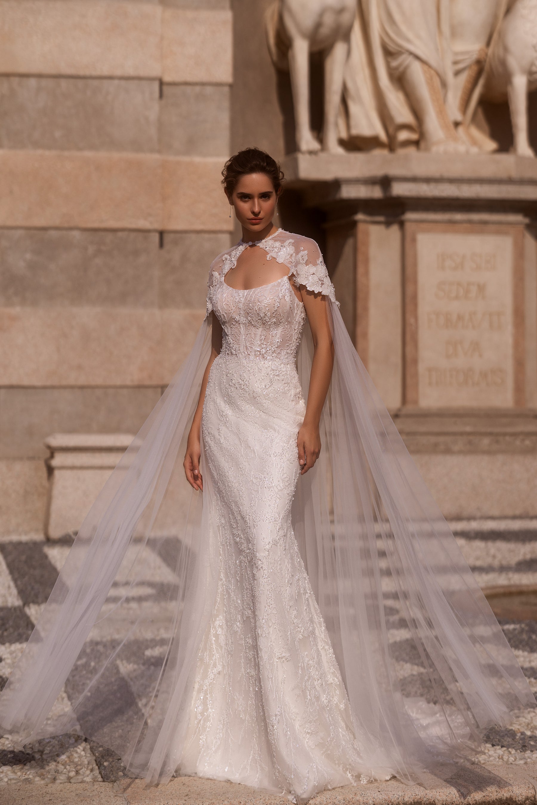 Lace Mermaid Wedding Dress with Additional Cape, Long Sleeves, and Open Shoulders