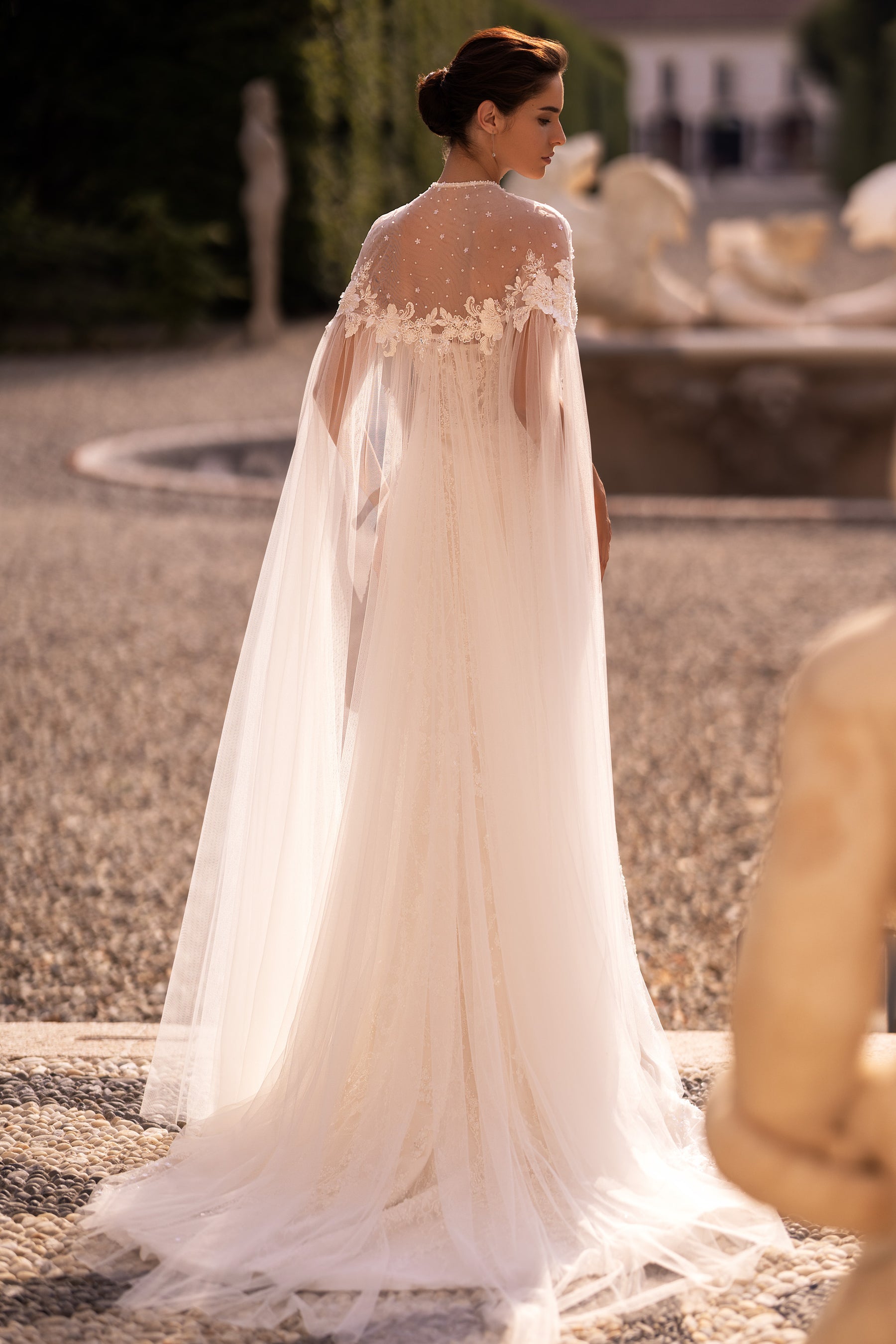 Lace Mermaid Wedding Dress with Additional Cape, Long Sleeves, and Open Shoulders