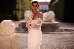 Lace Mermaid Wedding Dress with Additional Cape, Long Sleeves, and Open Shoulders