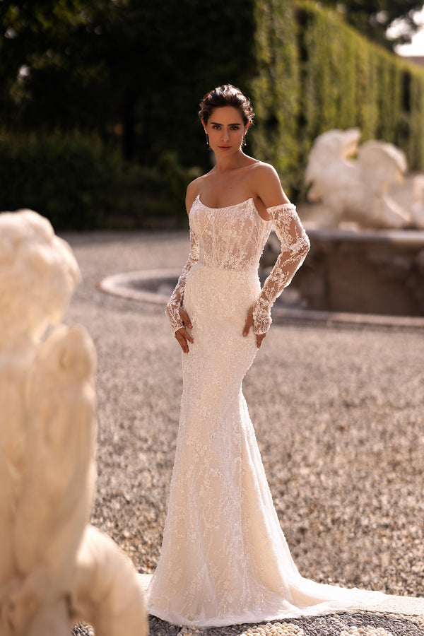 Lace Mermaid Wedding Dress with Additional Cape, Long Sleeves, and Open Shoulders