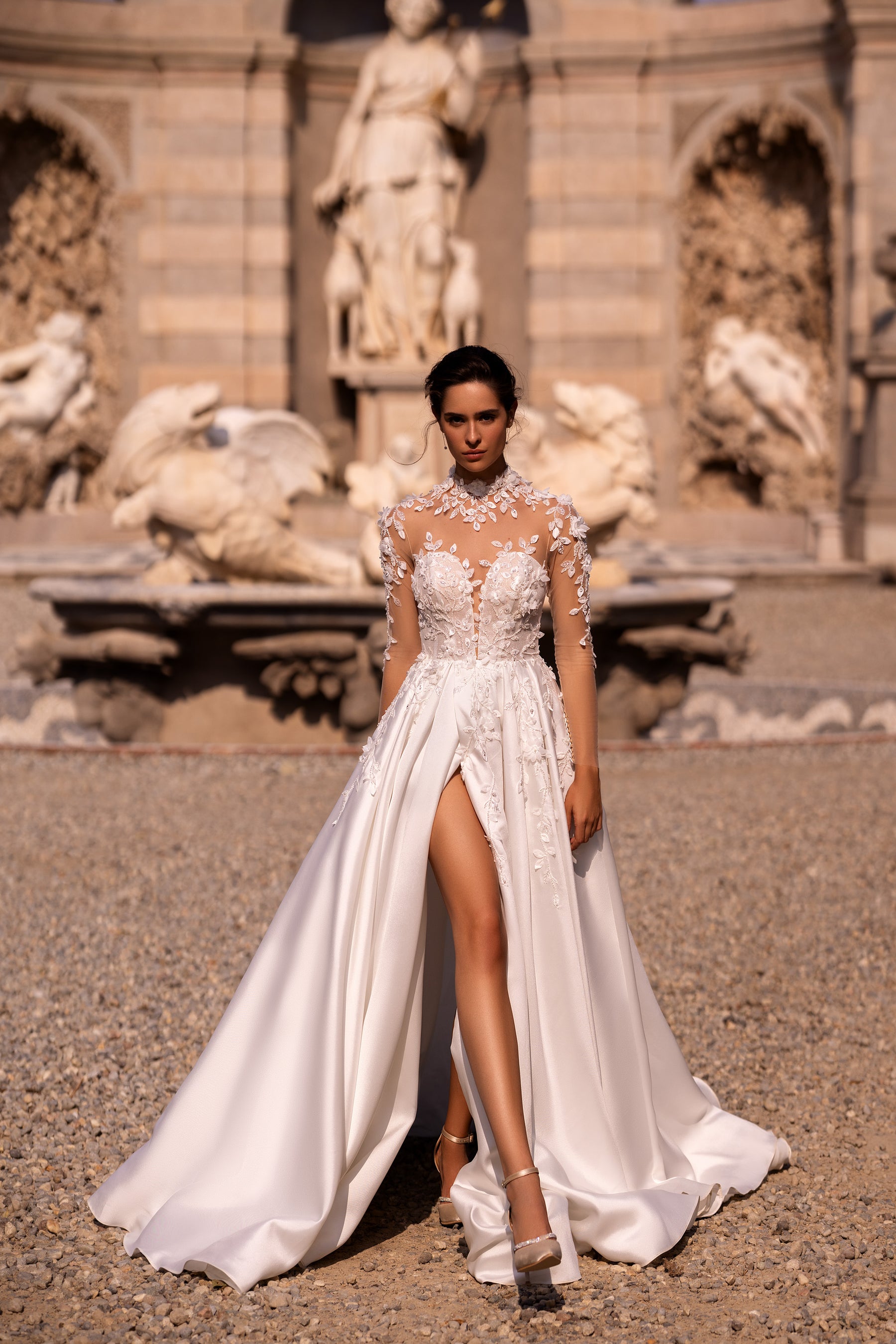 Elegant Bridal Gown - Nude Mesh with Lace, Deep V-Neck, A-Line Satin Skirt