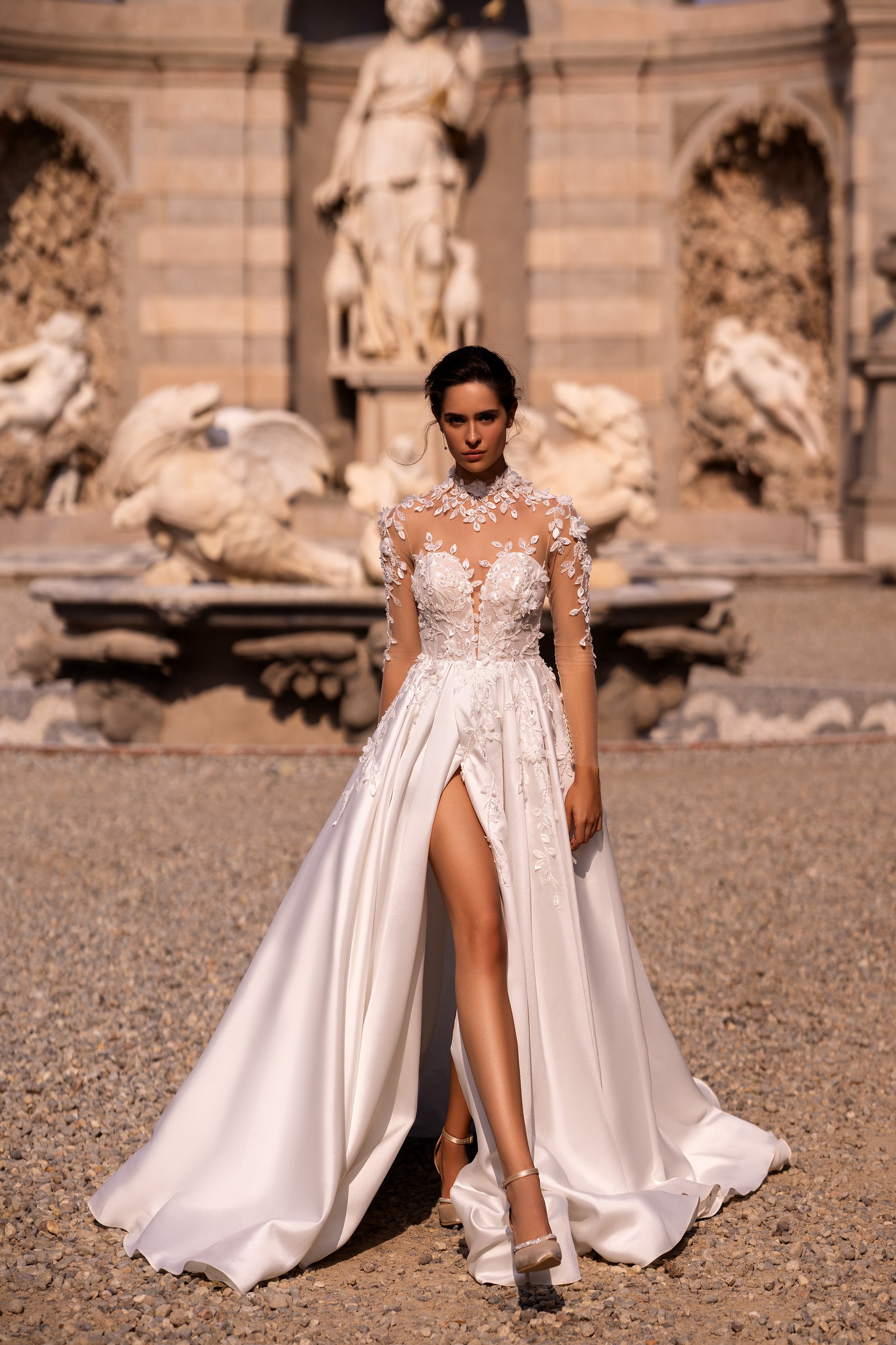 Elegant Bridal Gown - Nude Mesh with Lace, Deep V-Neck, A-Line Satin Skirt