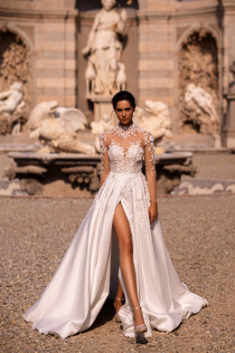 Elegant Bridal Gown - Nude Mesh with Lace, Deep V-Neck, A-Line Satin Skirt