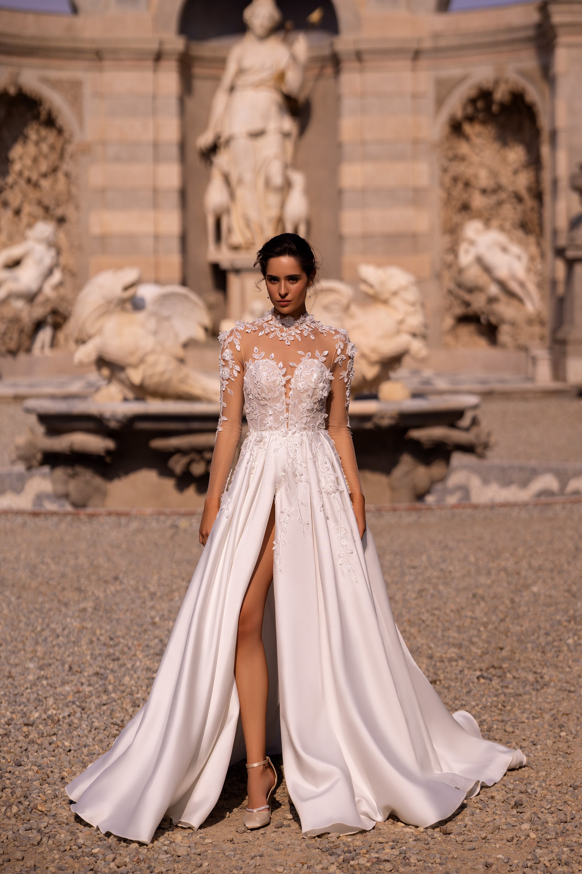 Elegant Bridal Gown - Nude Mesh with Lace, Deep V-Neck, A-Line Satin Skirt
