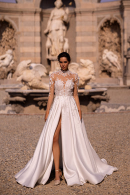 Elegant Bridal Gown - Nude Mesh with Lace, Deep V-Neck, A-Line Satin Skirt