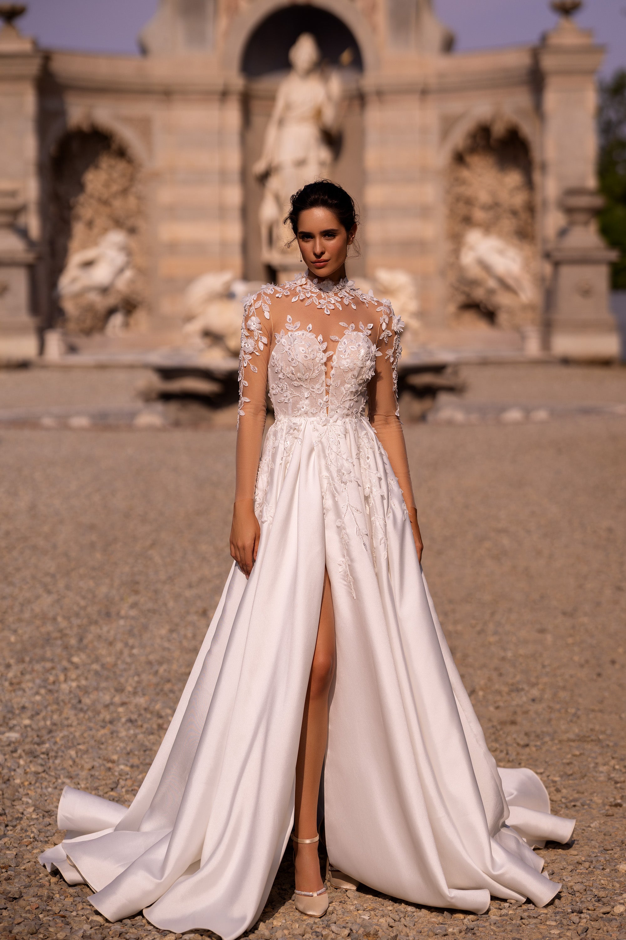 Elegant Bridal Gown - Nude Mesh with Lace, Deep V-Neck, A-Line Satin Skirt