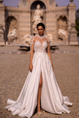 Elegant Bridal Gown - Nude Mesh with Lace, Deep V-Neck, A-Line Satin Skirt