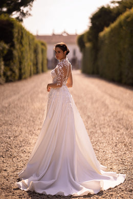 Elegant Bridal Gown - Nude Mesh with Lace, Deep V-Neck, A-Line Satin Skirt