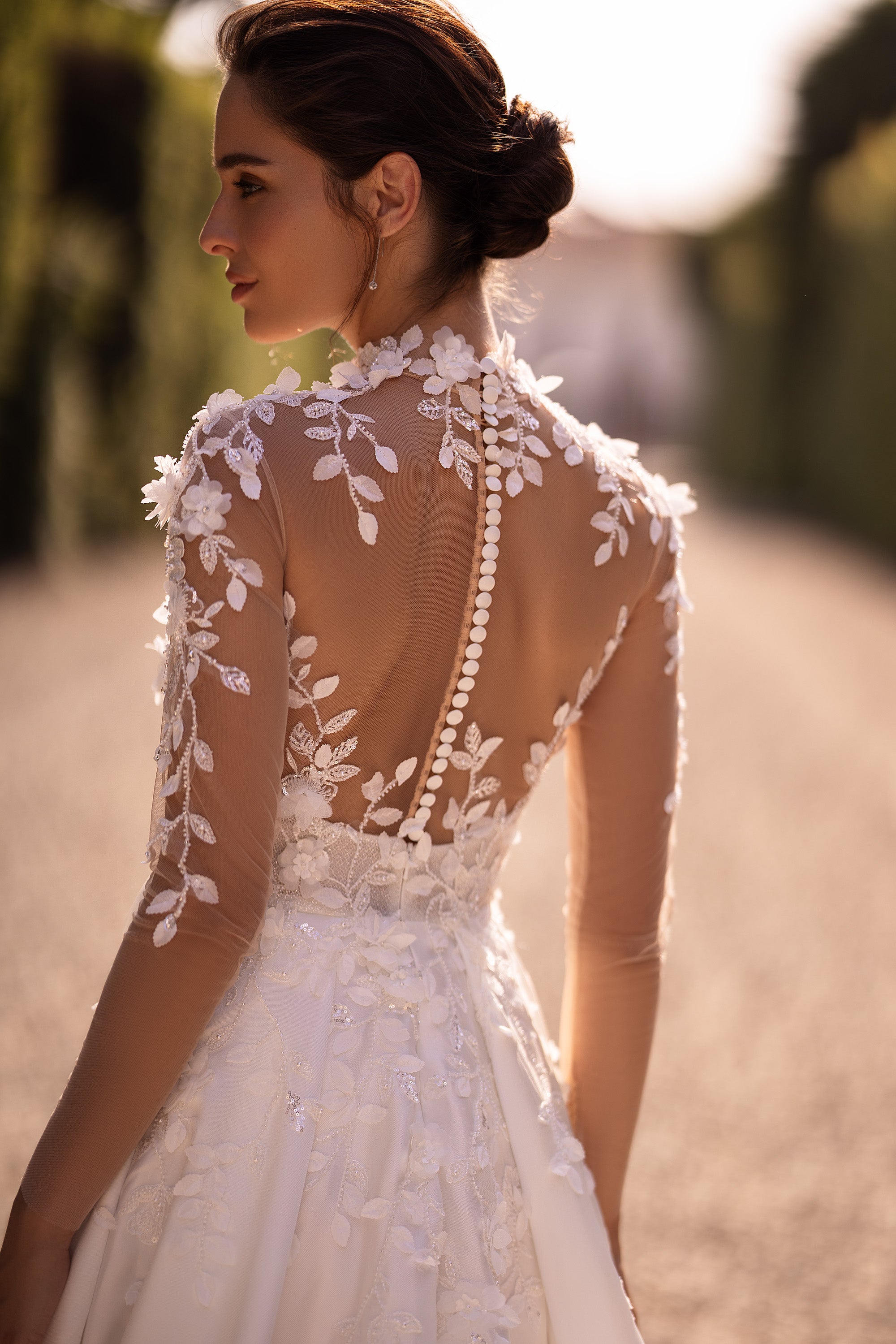 Elegant Bridal Gown - Nude Mesh with Lace, Deep V-Neck, A-Line Satin Skirt