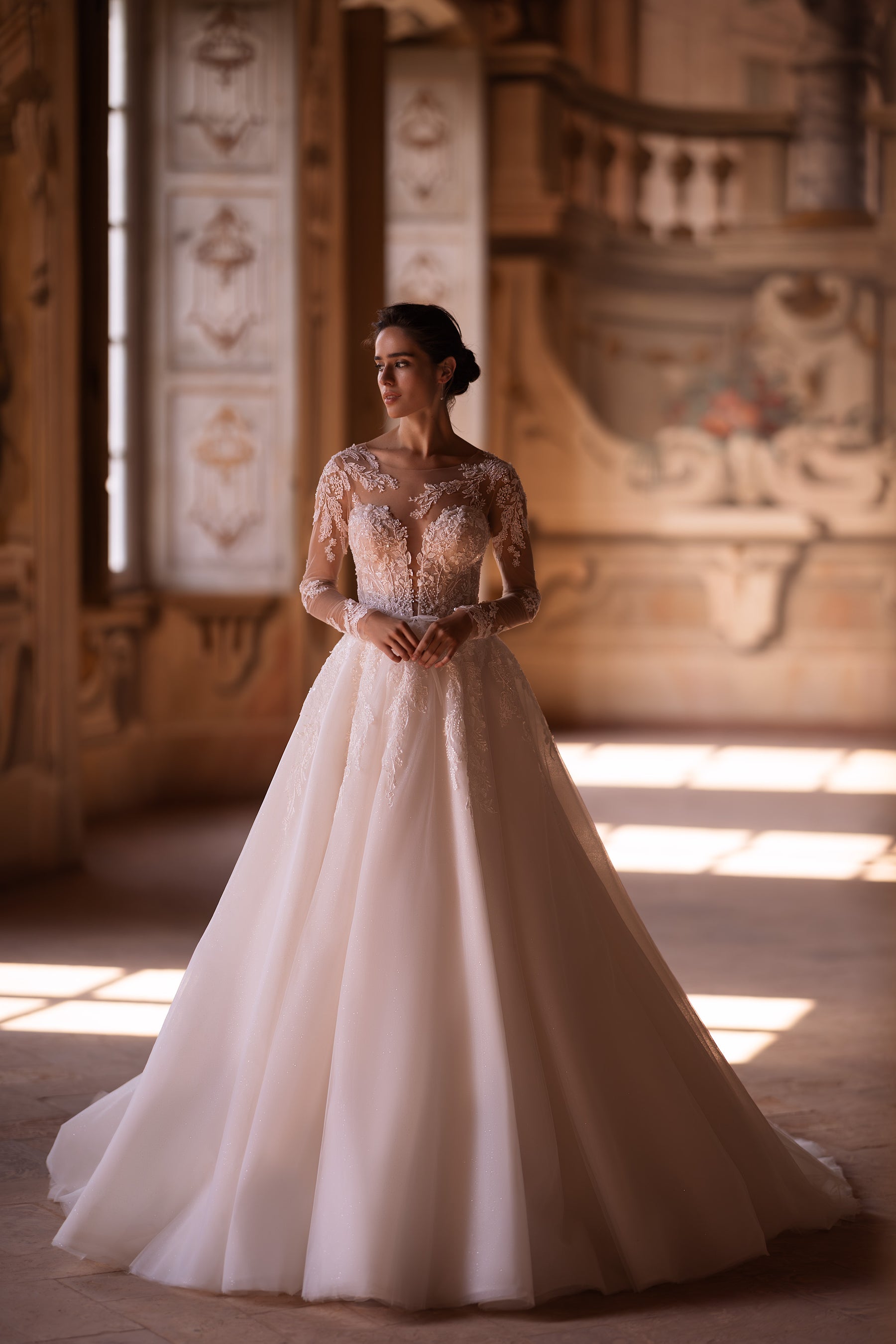 Elegant A-Line Tulle Dress with Lace Top and Deep V-Neck