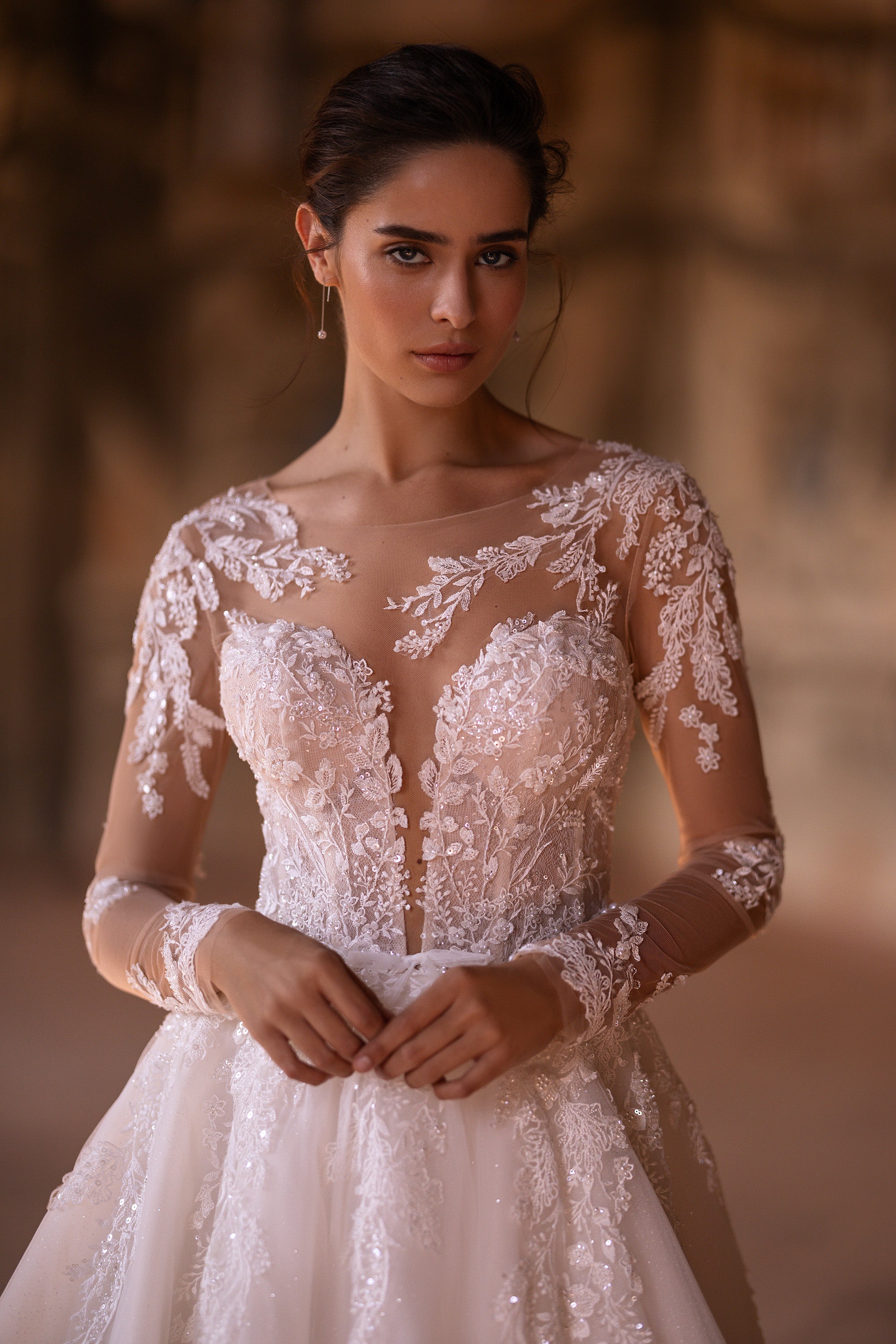Elegant A-Line Tulle Dress with Lace Top and Deep V-Neck