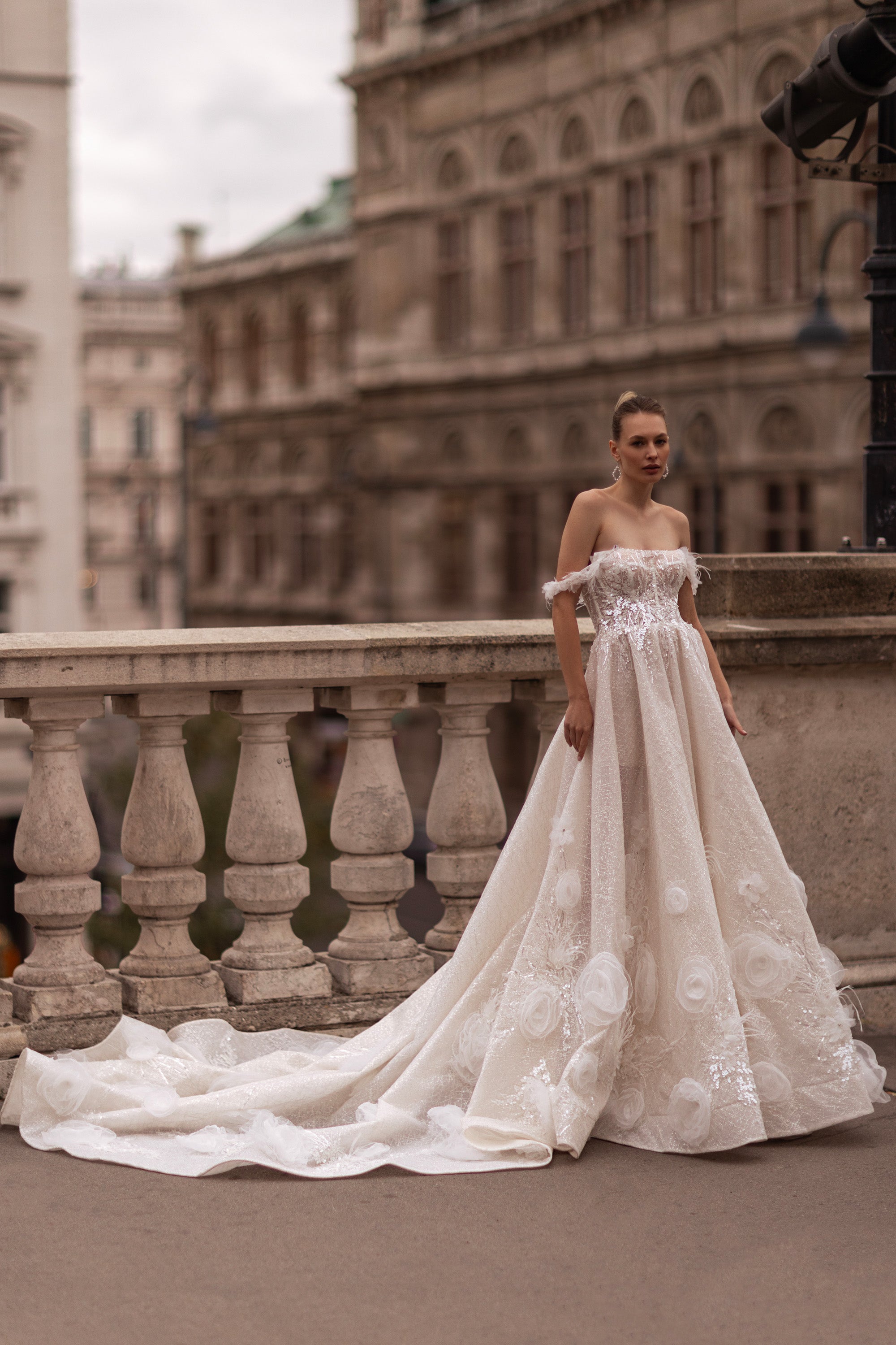Ball Gown Wedding Dress with Off-the-Shoulder Neckline, Sparkle Tulle, 3D Floral Lace Appliqués, Beading, Cathedral Train