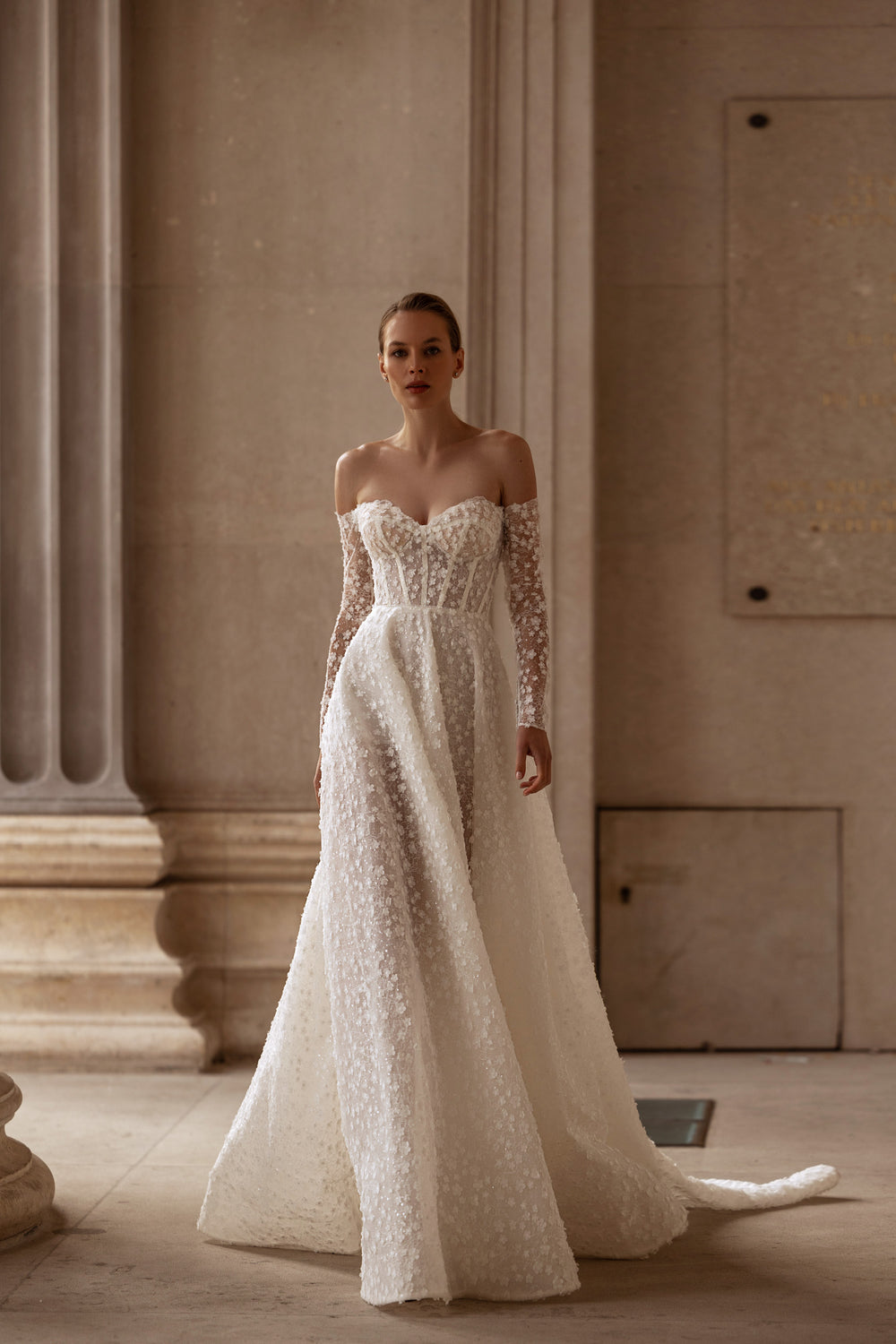 Exquisite A-Line Wedding Dress with Lace Appliqués, Off-the-Shoulder Neckline, Long Lace Sleeves, Embroidered Bodice, Cathedral Train