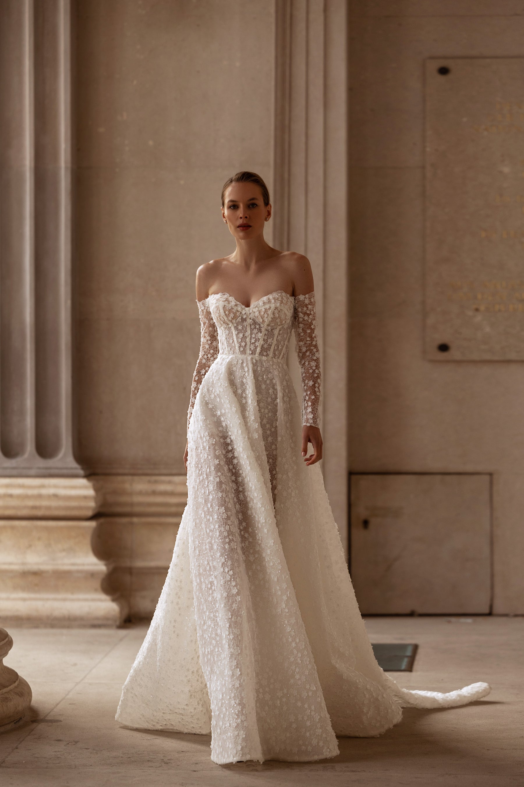 Exquisite A-Line Wedding Dress with Lace Appliqués, Off-the-Shoulder Neckline, Long Lace Sleeves, Embroidered Bodice, Cathedral Train
