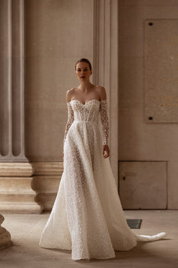 Exquisite A-Line Wedding Dress with Lace Appliqués, Off-the-Shoulder Neckline, Long Lace Sleeves, Embroidered Bodice, Cathedral Train