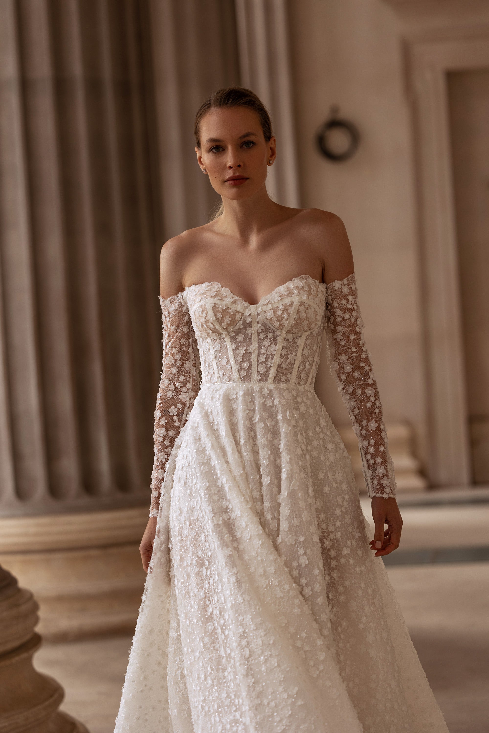 Exquisite A-Line Wedding Dress with Lace Appliqués, Off-the-Shoulder Neckline, Long Lace Sleeves, Embroidered Bodice, Cathedral Train