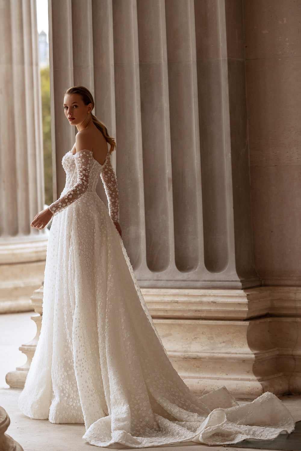 Exquisite A-Line Wedding Dress with Lace Appliqués, Off-the-Shoulder Neckline, Long Lace Sleeves, Embroidered Bodice, Cathedral Train