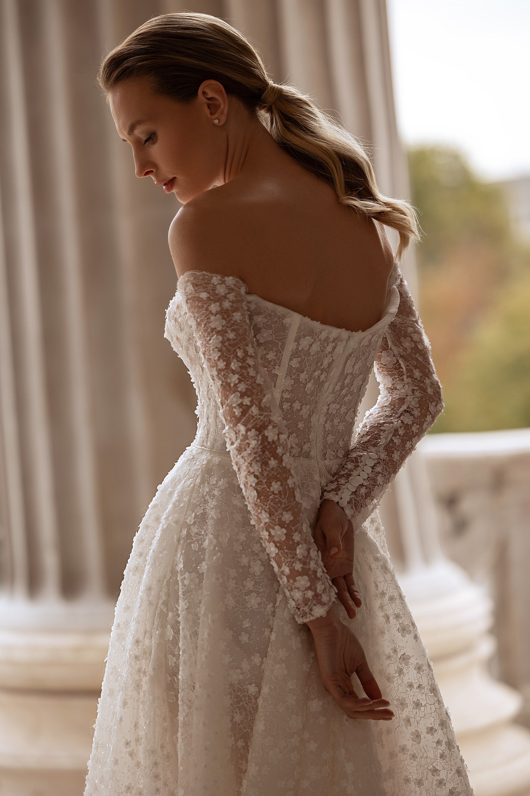 Exquisite A-Line Wedding Dress with Lace Appliqués, Off-the-Shoulder Neckline, Long Lace Sleeves, Embroidered Bodice, Cathedral Train