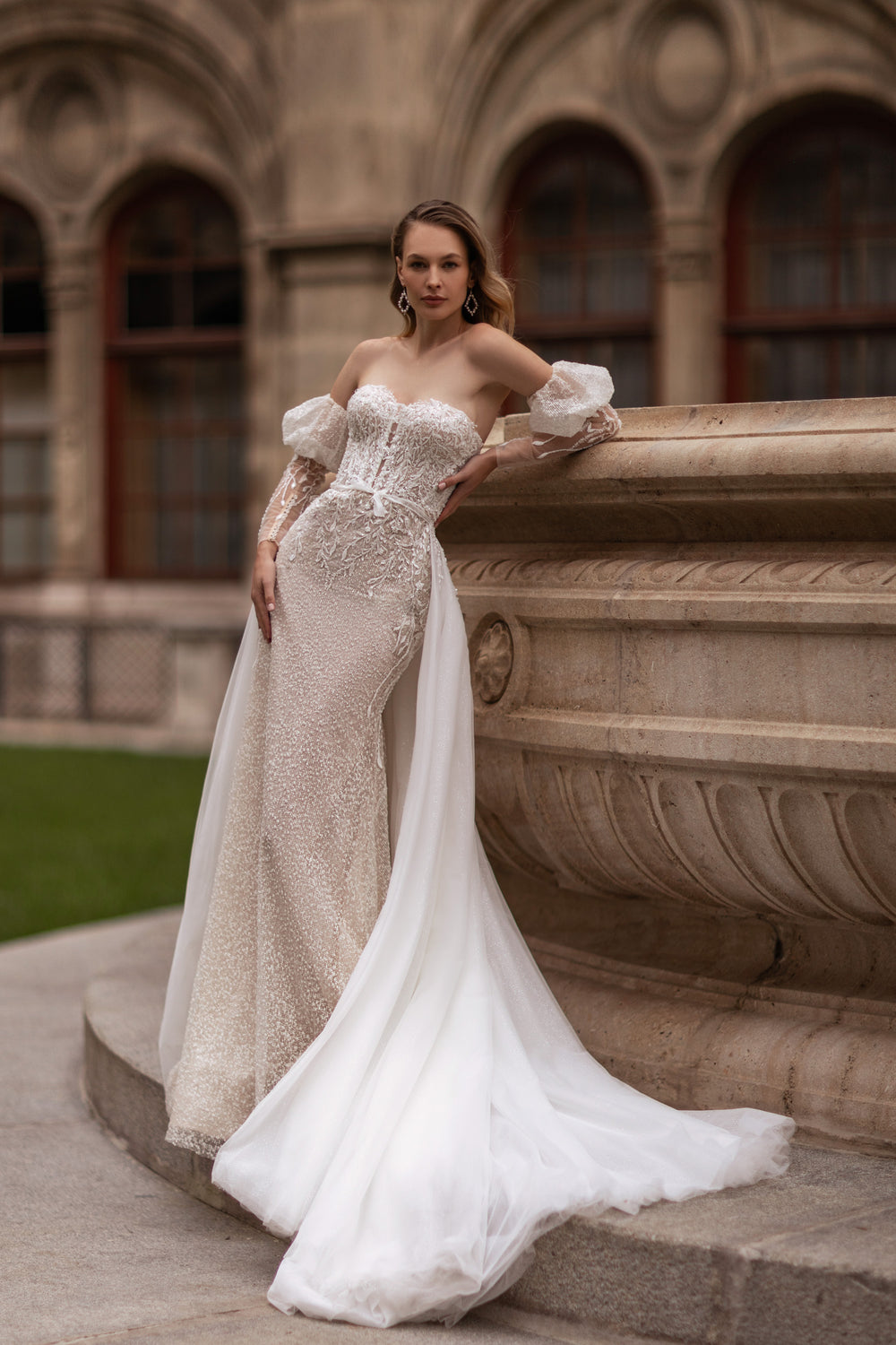 Mermaid Wedding Dress With Lace Appliqués, Beading, And Crystals, Off-The-Shoulder Neckline, Long Puff Sleeves, Tulle Overlay Cathedral Train