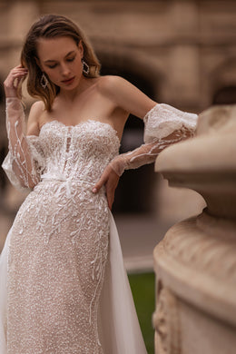 Mermaid Wedding Dress With Lace Appliqués, Beading, And Crystals, Off-The-Shoulder Neckline, Long Puff Sleeves, Tulle Overlay Cathedral Train