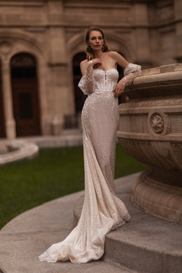 Mermaid Wedding Dress With Lace Appliqués, Beading, And Crystals, Off-The-Shoulder Neckline, Long Puff Sleeves, Tulle Overlay Cathedral Train
